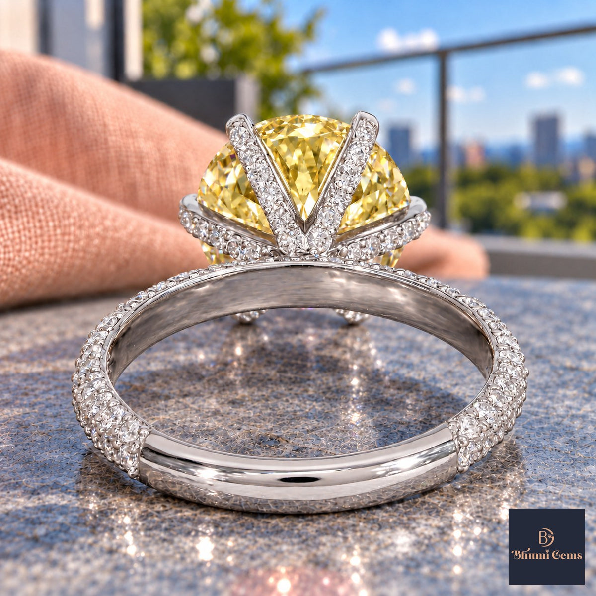 Yellow Round Cut Lab Grown Diamond Engagement Ring - Triple Row Pave in white gold, gallery view