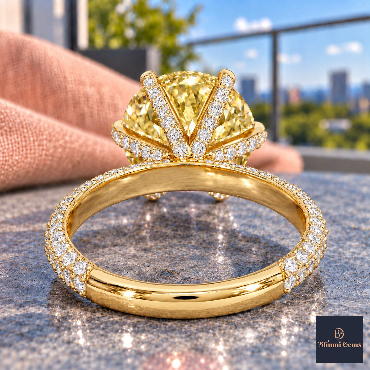 Yellow Round Cut Lab Grown Diamond Engagement Ring - Triple Row Pave in yellow gold, gallery view