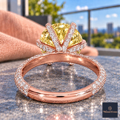 Yellow Round Cut Lab Grown Diamond Engagement Ring - Triple Row Pave in rose gold, gallery view
