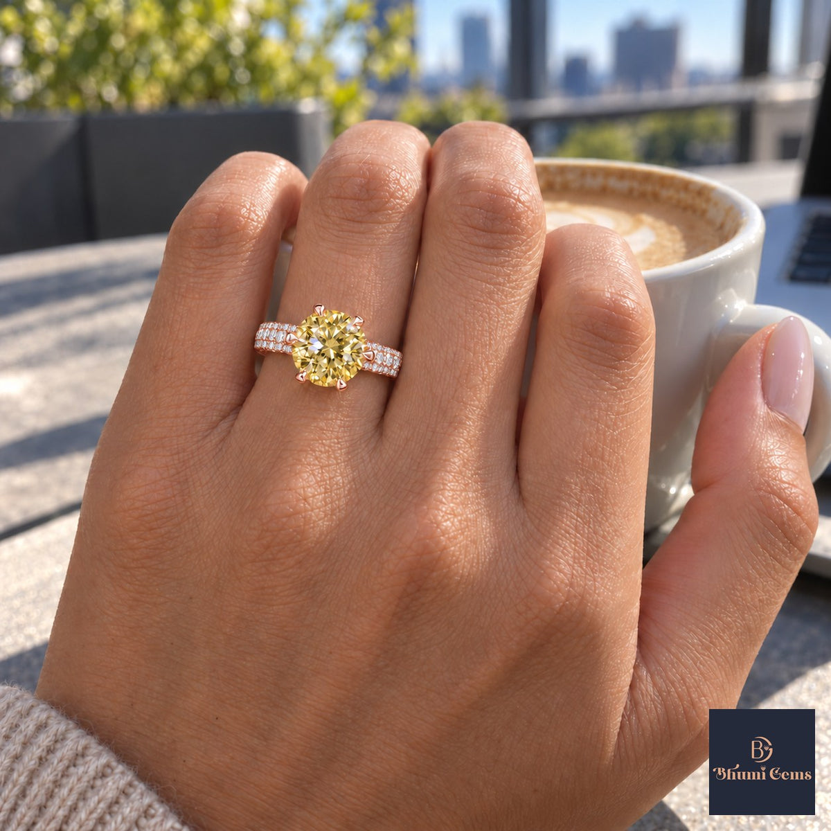 Yellow Round Cut Lab Grown Diamond Engagement Ring - Triple Row Pave in rose gold, on the hand