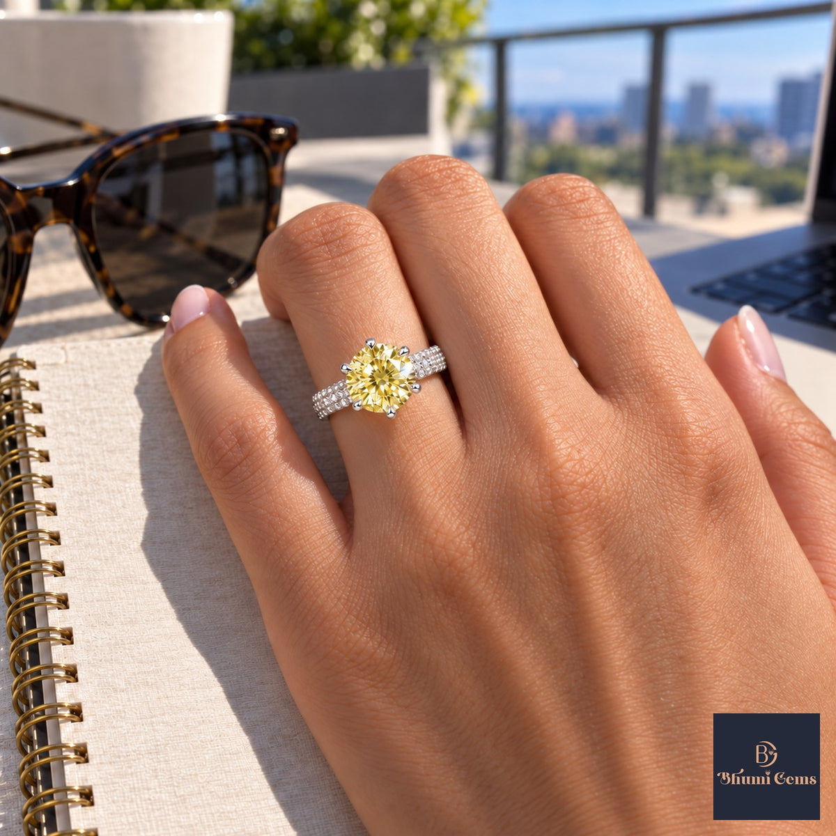 Yellow Round Cut Lab Grown Diamond Engagement Ring - Triple Row Pave in white gold, worn on the hand