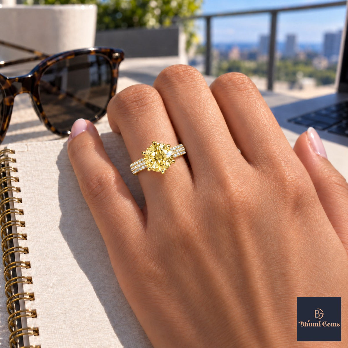 Yellow Round Cut Lab Grown Diamond Engagement Ring - Triple Row Pave in yellow gold, worn on the hand
