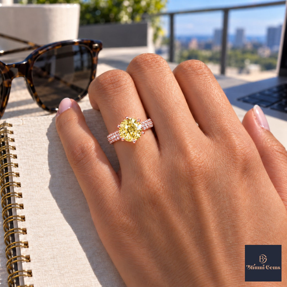 Yellow Round Cut Lab Grown Diamond Engagement Ring - Triple Row Pave in rose gold, worn on the hand