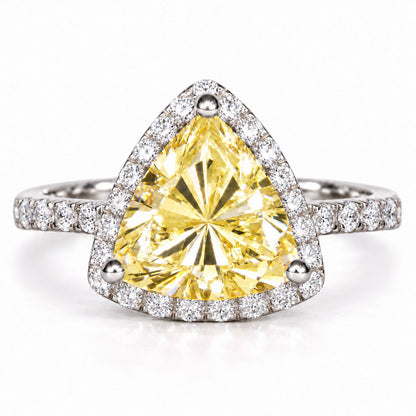 Yellow Trillion Cut Lab Grown Diamond Engagement Ring - Halo in white gold, front view