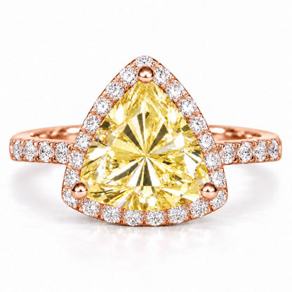 Yellow Trillion Cut Lab Grown Diamond Engagement Ring - Halo in rose gold, front view