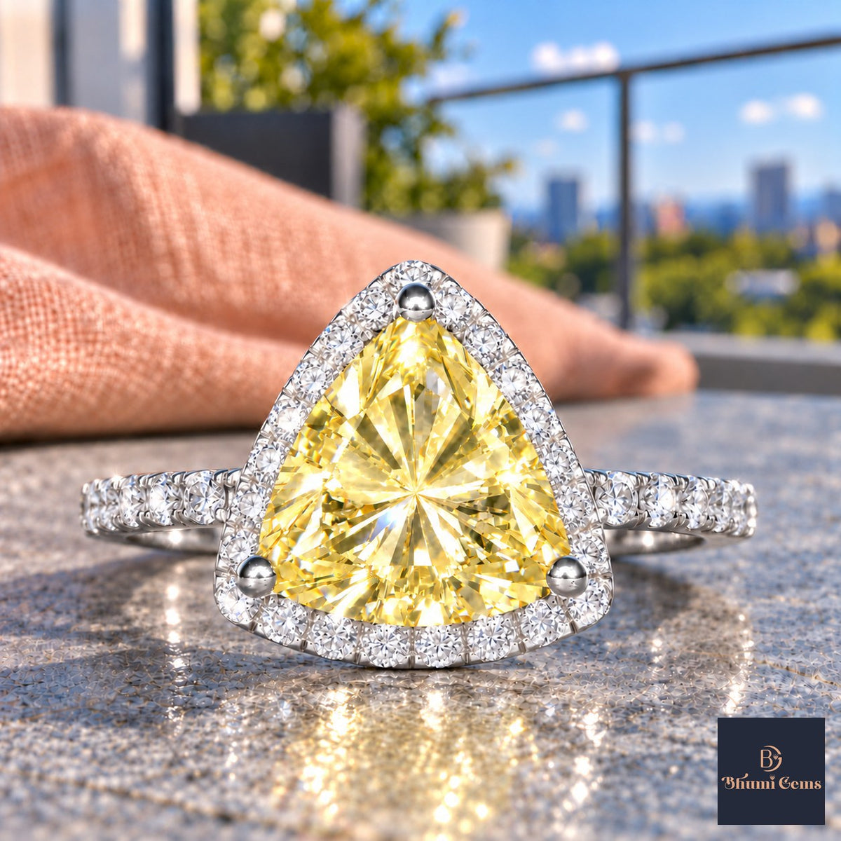 Yellow Trillion Cut Lab Grown Diamond Engagement Ring - Halo in white gold, close-up