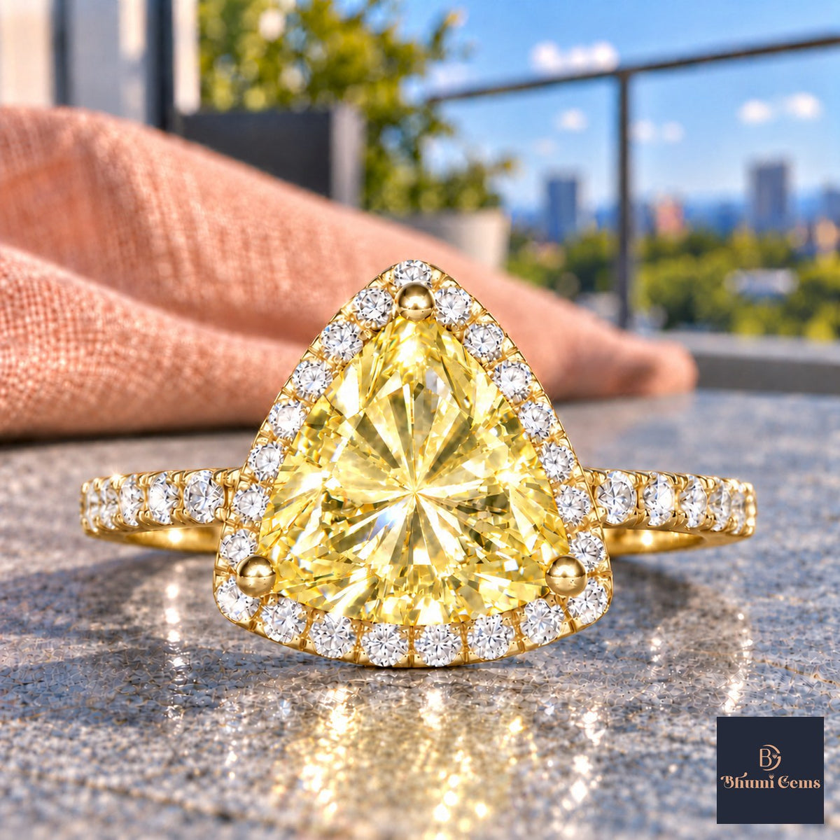 Yellow Trillion Cut Lab Grown Diamond Engagement Ring - Halo in yellow gold, close-up
