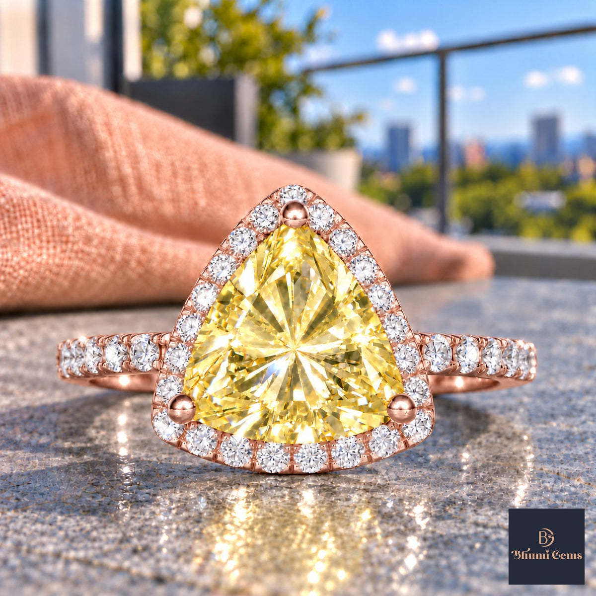 Yellow Trillion Cut Lab Grown Diamond Engagement Ring - Halo in rose gold, close-up