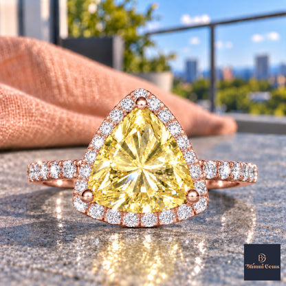 Yellow Trillion Cut Lab Grown Diamond Engagement Ring - Halo in rose gold, close-up