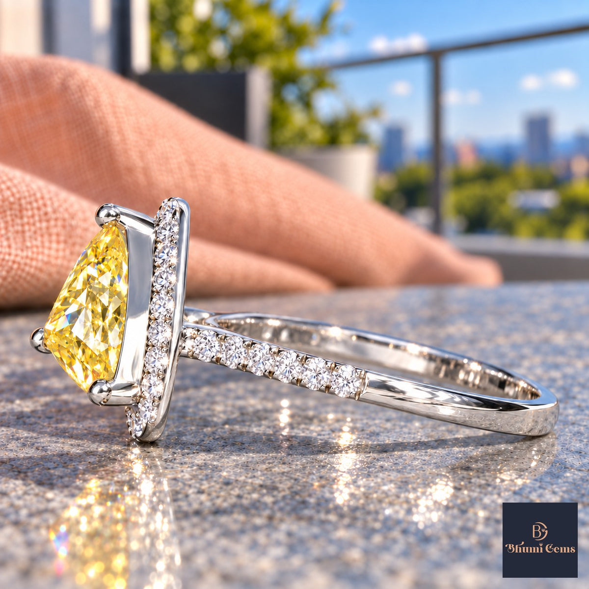 Yellow Trillion Cut Lab Grown Diamond Engagement Ring - Halo in white gold, side view