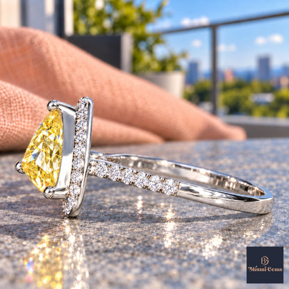 Yellow Trillion Cut Lab Grown Diamond Engagement Ring - Halo in white gold, side view