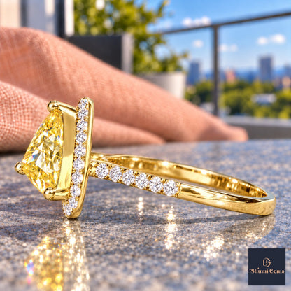 Yellow Trillion Cut Lab Grown Diamond Engagement Ring - Halo in yellow gold, side view