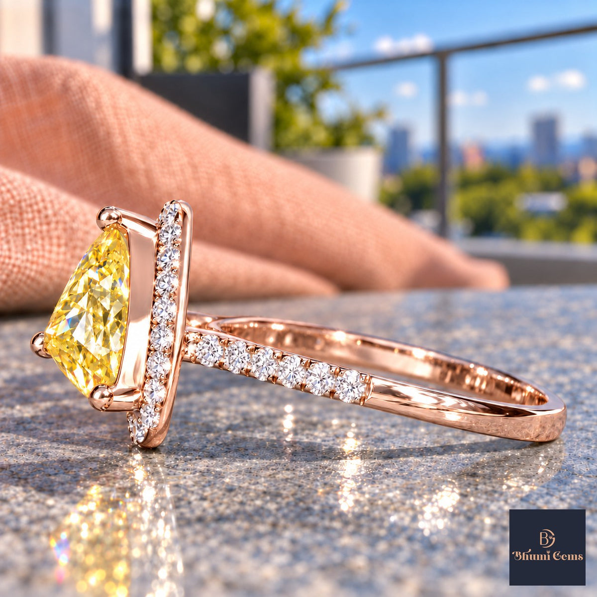 Yellow Trillion Cut Lab Grown Diamond Engagement Ring - Halo in rose gold, side view