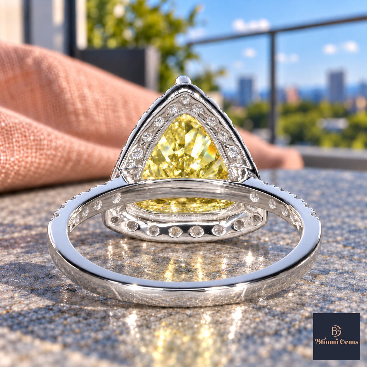 Yellow Trillion Cut Lab Grown Diamond Engagement Ring - Halo in white gold, gallery view