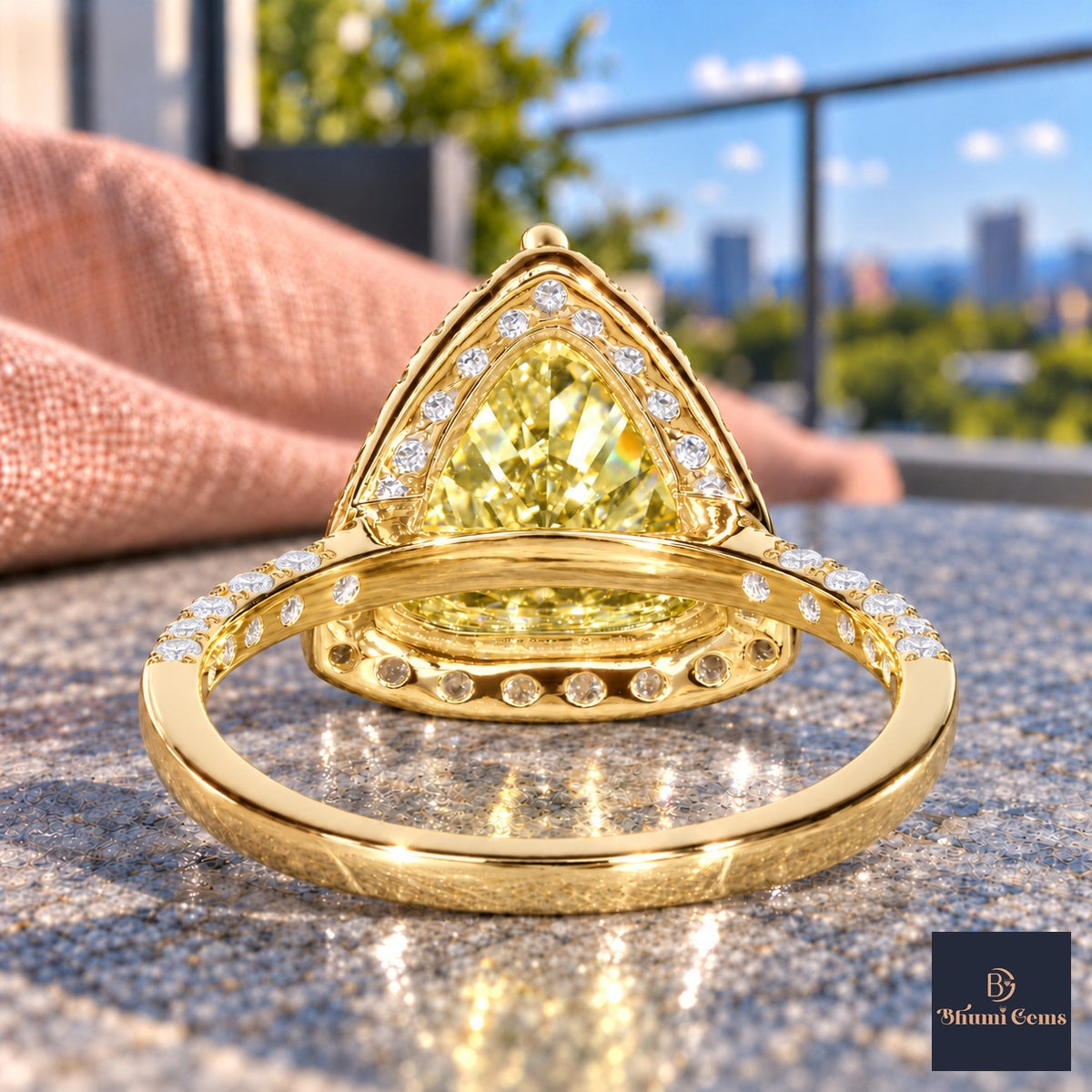 Yellow Trillion Cut Lab Grown Diamond Engagement Ring - Halo in yellow gold, gallery view