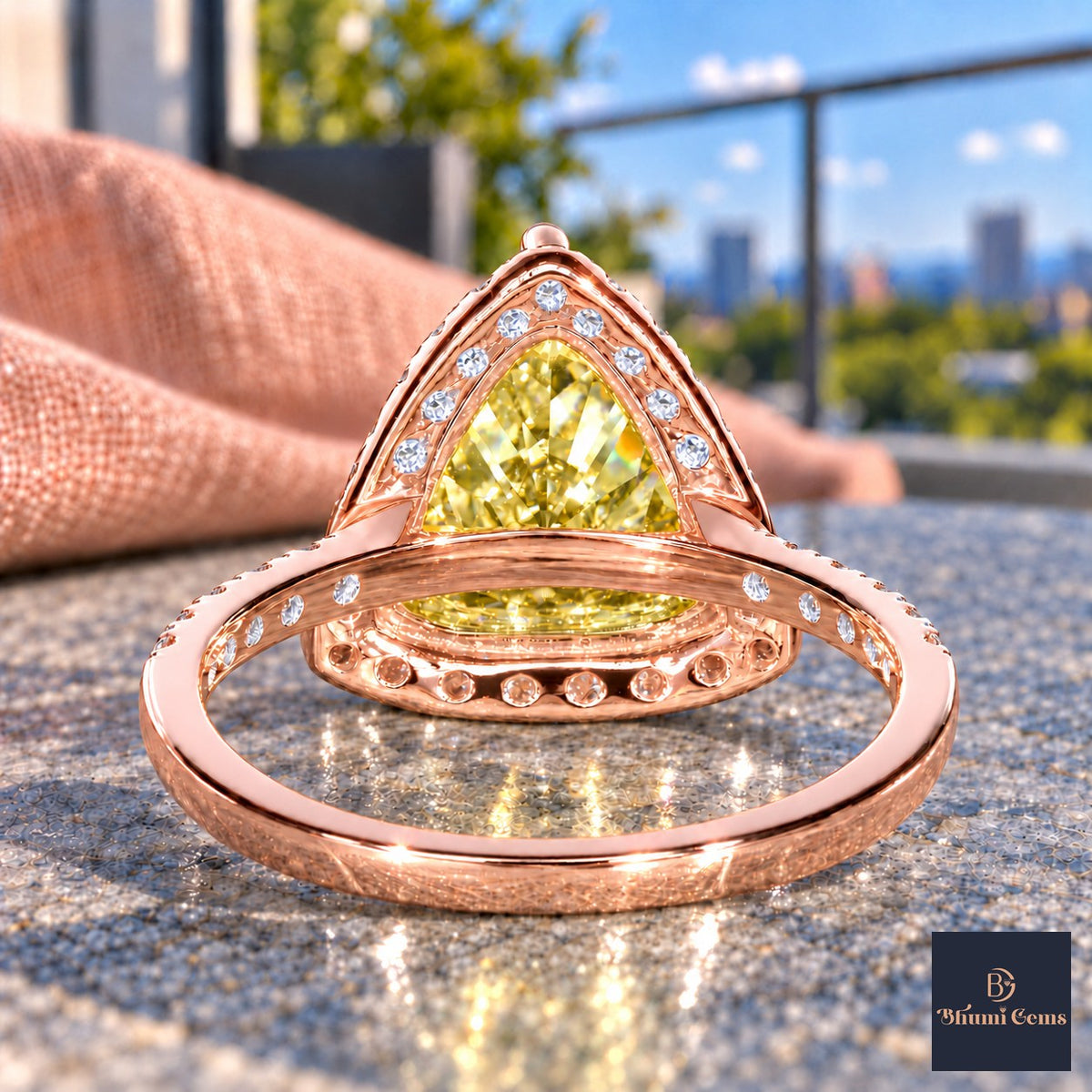 Yellow Trillion Cut Lab Grown Diamond Engagement Ring - Halo in rose gold, gallery view