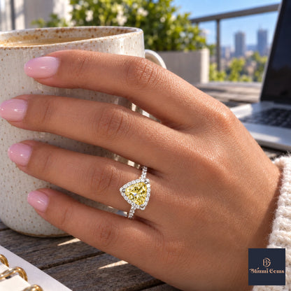 Yellow Trillion Cut Lab Grown Diamond Engagement Ring - Halo in white gold, on the hand