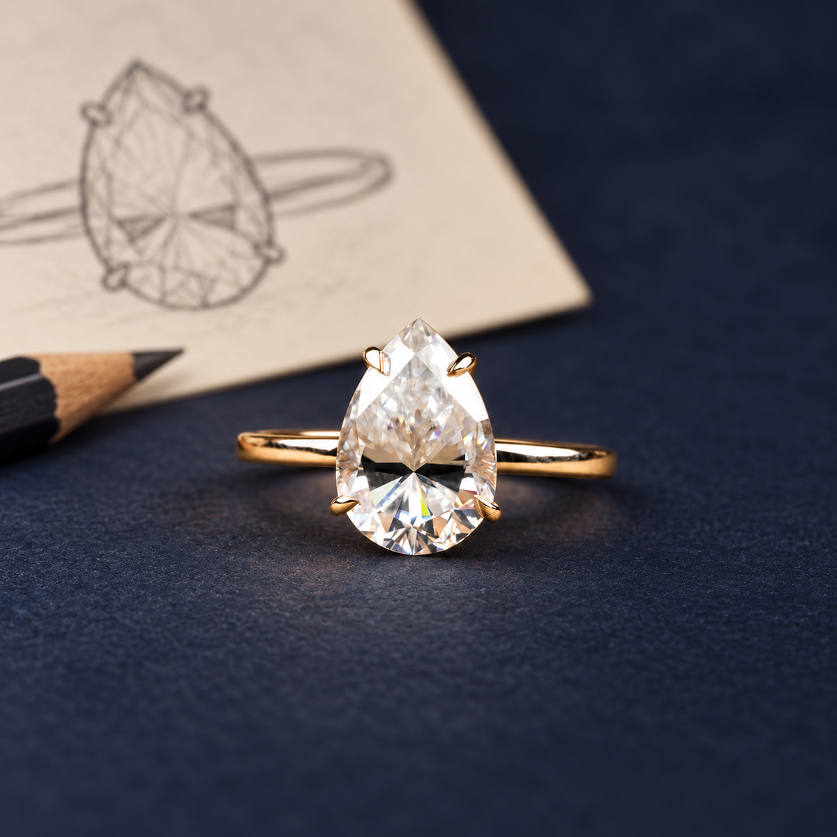 Pencil sketch of a pear ring beside the finished pear moissanite ring