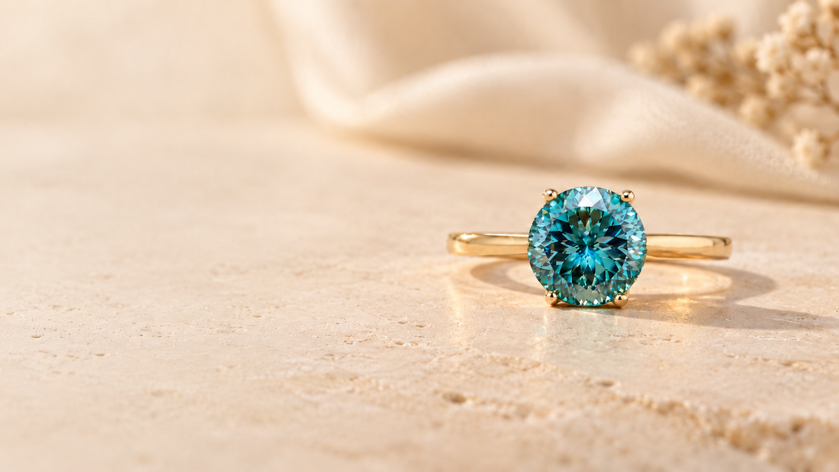 Blue-green round moissanite solitaire ring in yellow gold on ivory stone