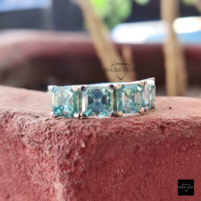 Blue 4 Stone Asccher Engagement Ring | Wedding Bridal Set