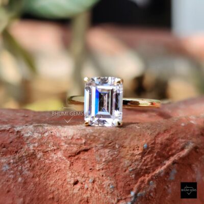 Emerald Cut Colorless Ring | Moissanite Ring | Bhumi Gems