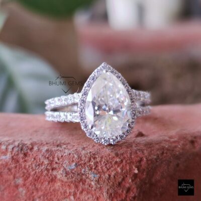 3.58 TCW Pear Cut Moissanite Split Shank Ring | Bhumi Gems