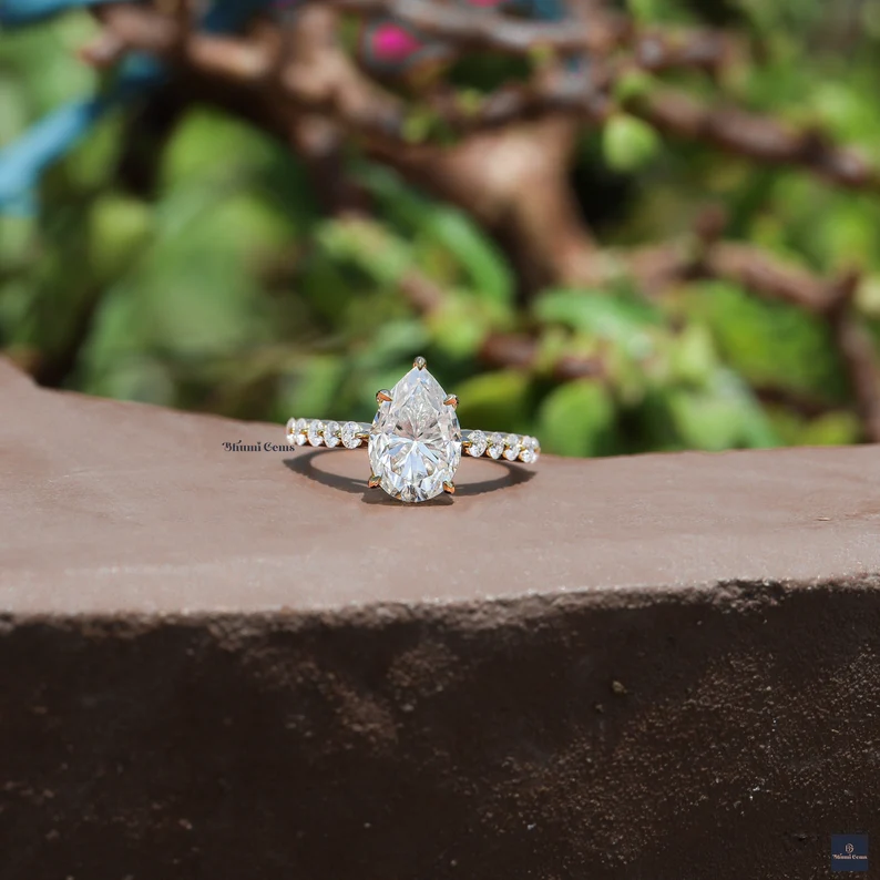 Pear Shaped Moissanite Engagement Ring Bubble Prong